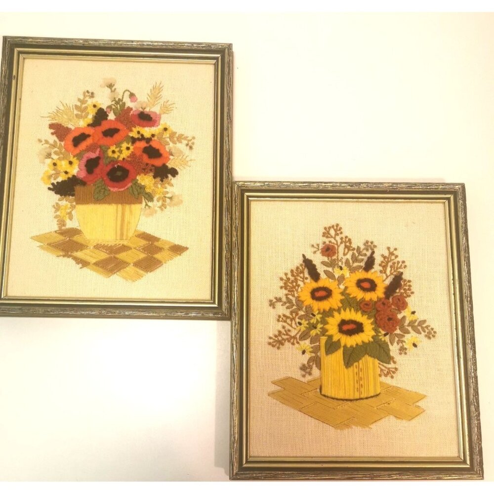 Vintage Floral Crewel Pictures in Wooden Frames - Bouquets